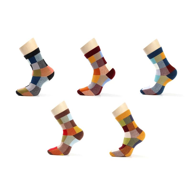 Combed Cotton Mens Compression Dress Socks Colorful Square Pattern 2