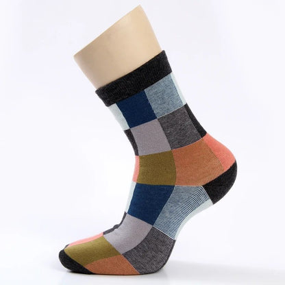 Combed Cotton Mens Compression Dress Socks Colorful Square Pattern 3
