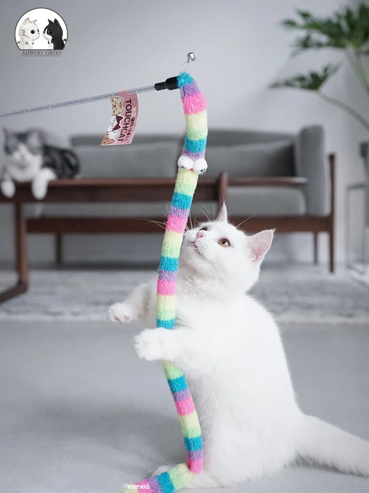 Funny Caterpillar Cat Toy Feather Wand, Velvet Caterpillar Rod Toy for Aggressive Cats, Colorful Pet Rod Toy
