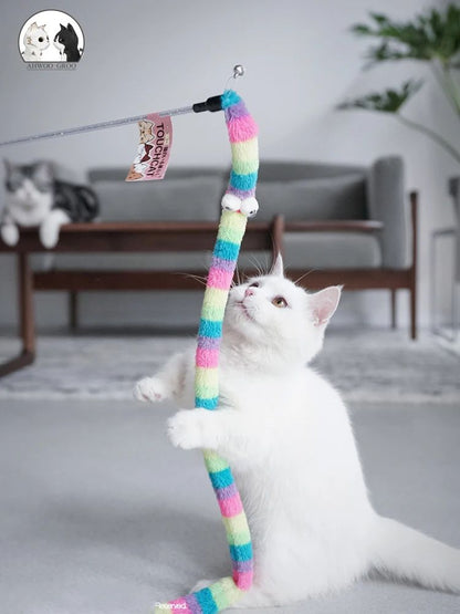 Funny Caterpillar Cat Toy Feather Wand, Velvet Caterpillar Rod Toy for Aggressive Cats, Colorful Pet Rod Toy