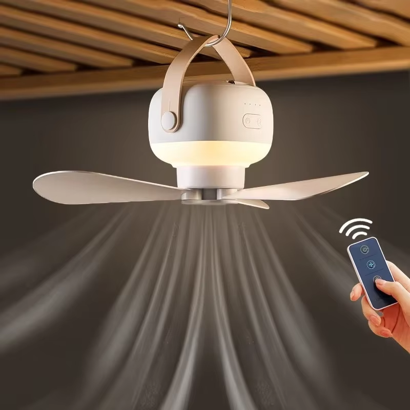 Portable Wireless Mini Ceiling Fan with Remote USB Rechargeable, LED Light, for Home, Camping & Outdoors