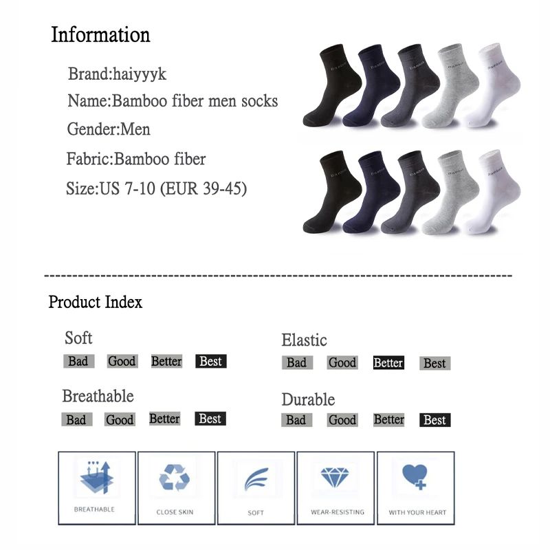Mens Bamboo Fiber Crew Socks Breathable AntiBacterial Ideal For Business  Casual Wear 5