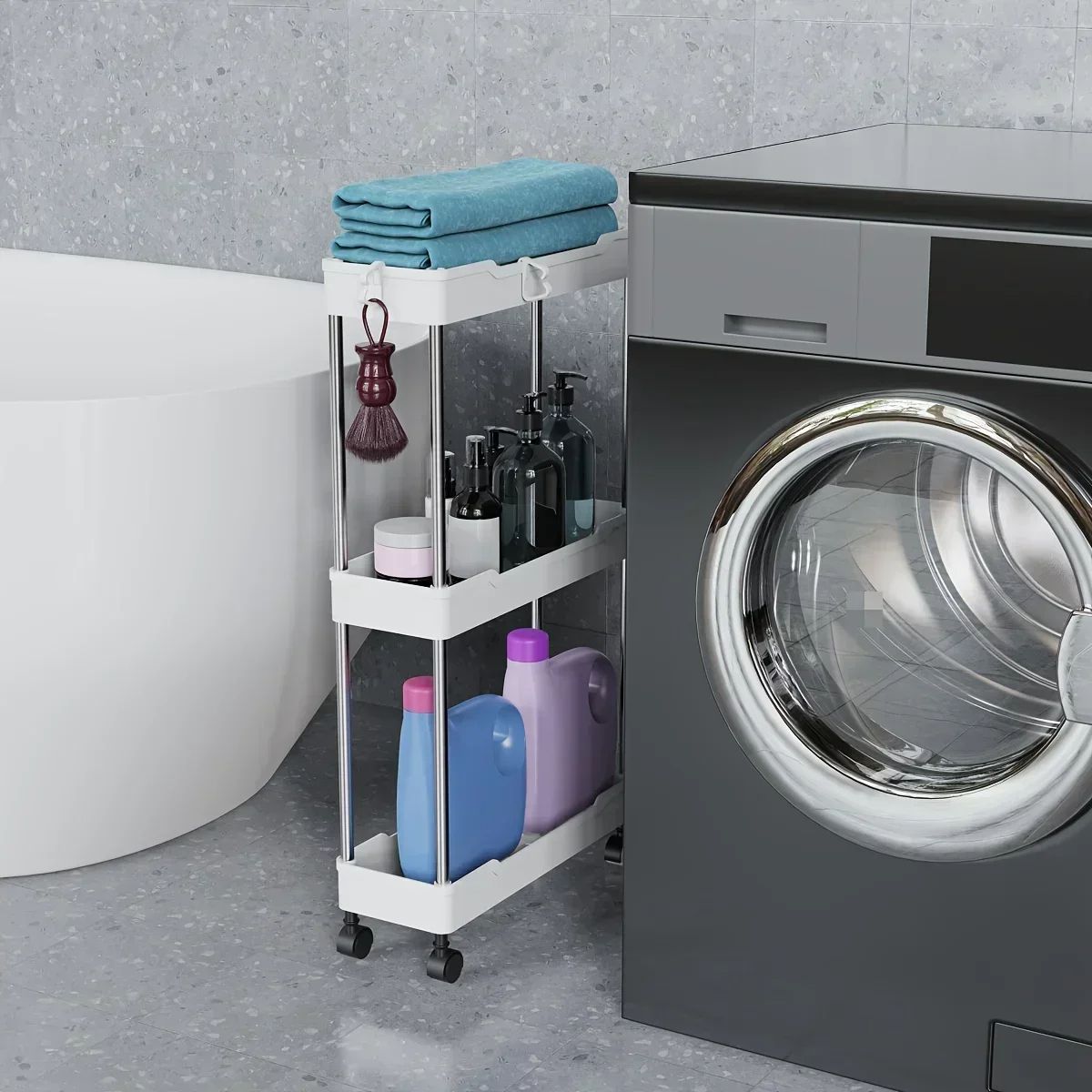 Bathroom Storage Rack With Wheels Rolling Utility Cart  MultiPurpose Corner Shelf Organizer 3