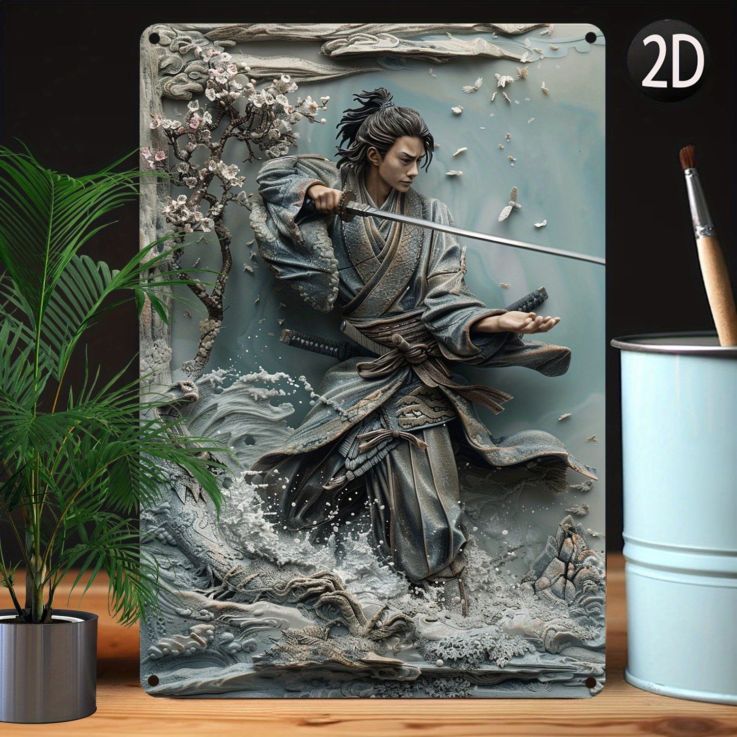 Samurai Sword Art Metal Sign Authentic Japanese Warrior Painting For Cafe Garage  HistoryThemed Roo 2