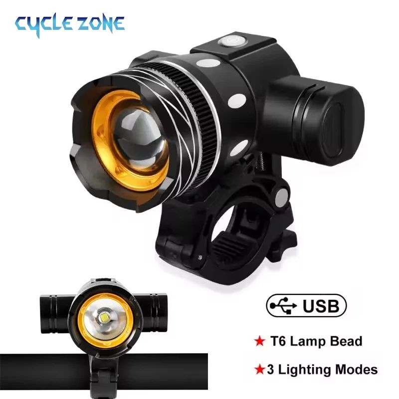 LED Bicycle Front Light, USB Rechargeable, Waterproof Bike Headlight with Adjustable Zoom, Flashlight for Road bikes