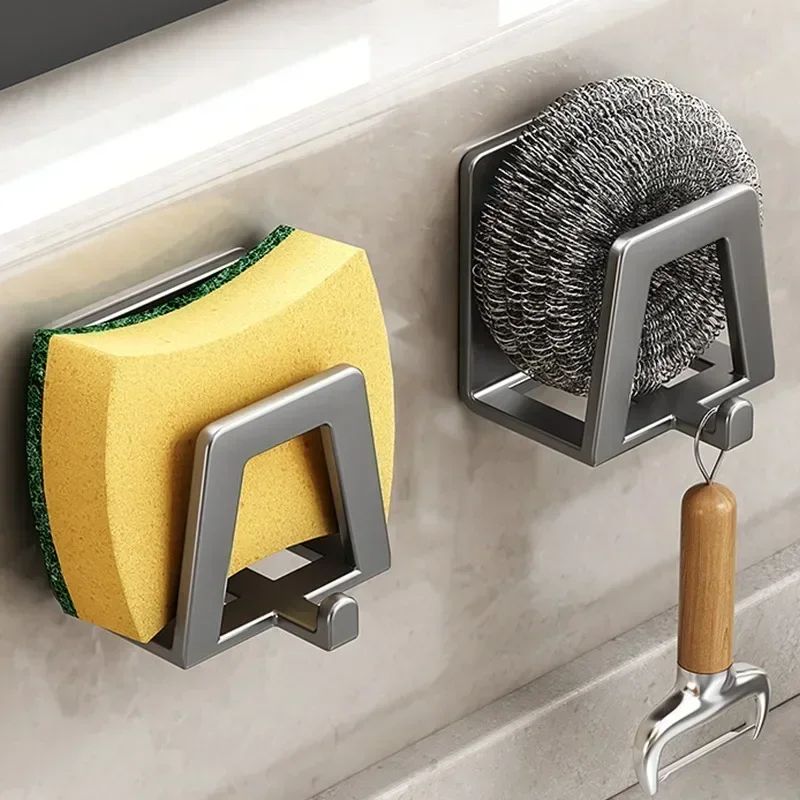 Stainless Steel Sponge Holder Set , Self Adhesive Sink Drain Drying Rack, Kitchen Wall Storage Organizer
