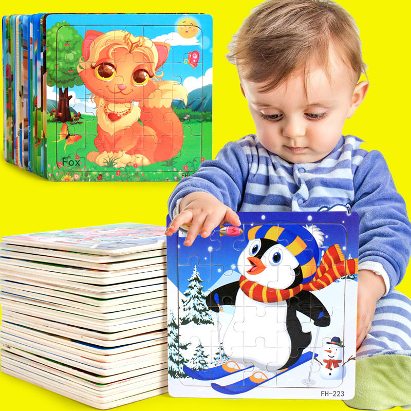 Wooden Puzzle for Babies, Cartoon Animal & Vehicle 3D Jigsaw, Montessori Educational Toys for Toddlers