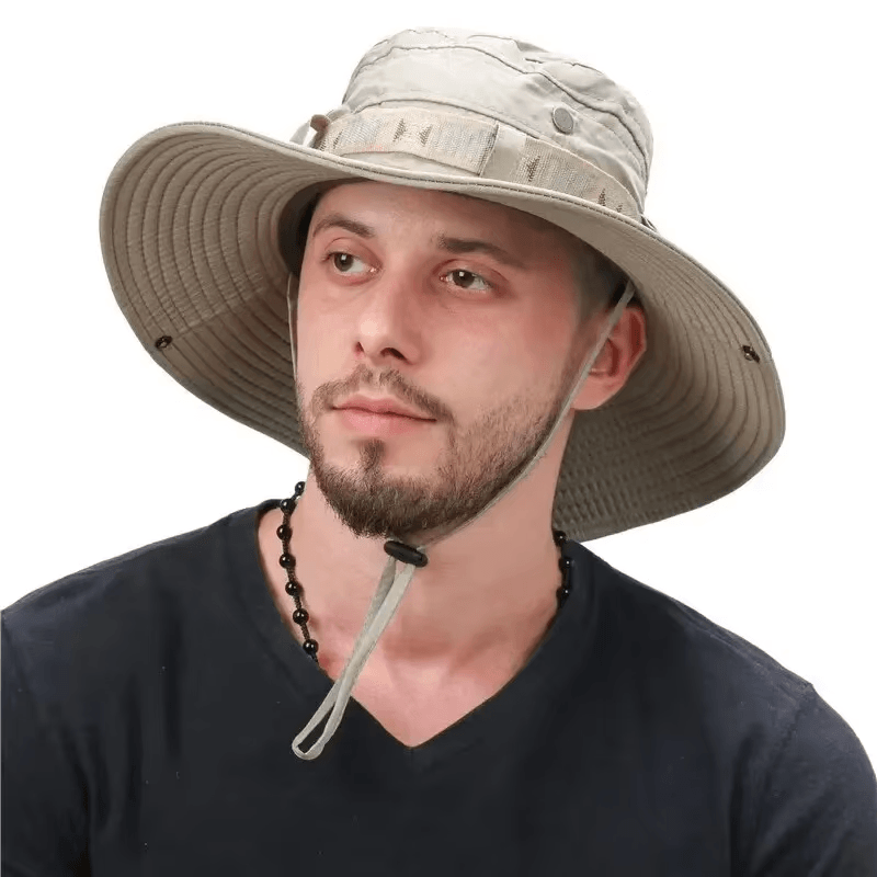 Summer Men Bucket Hat, Outdoor UV Protection Wide Brim Panama Safari Hunting Hiking Mesh Fisherman Beach Sunscreen Cap