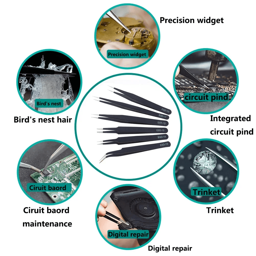 AntiStatic ESD Stainless Steel Tweezers Set Industrial Precision Maintenance Tools For Electronics  4