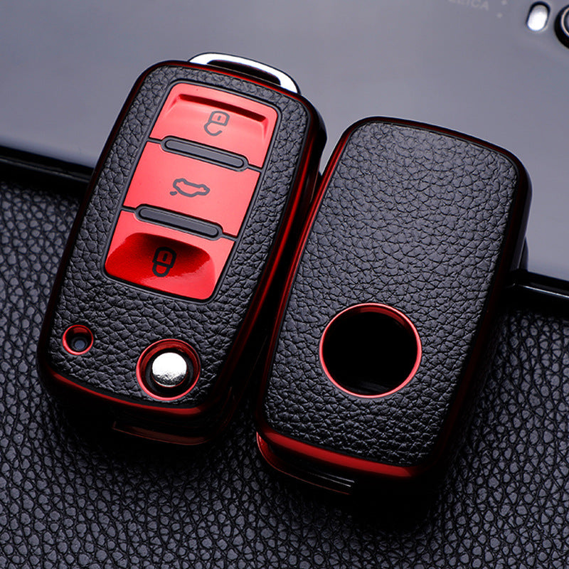 Leather TPU Car Key Case,Full Cover Protection for VW Volkswagen Polo, Tiguan, Passat, Golf, Jetta,Lavida, Skoda Octavia
