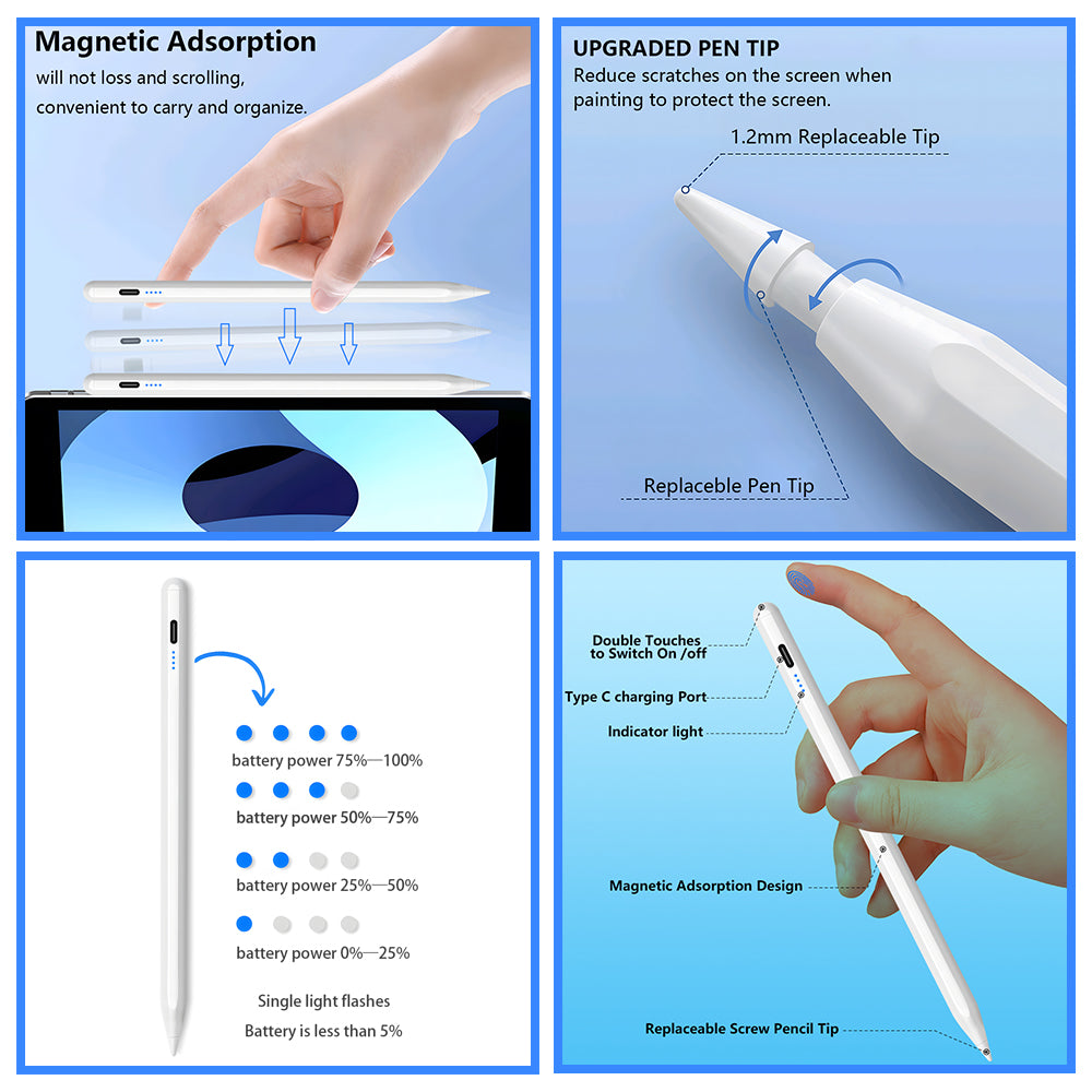 Stylus Pen for Apple Pencil with LED Palm Rejection Touch Pencil for iPad with Power Indicator