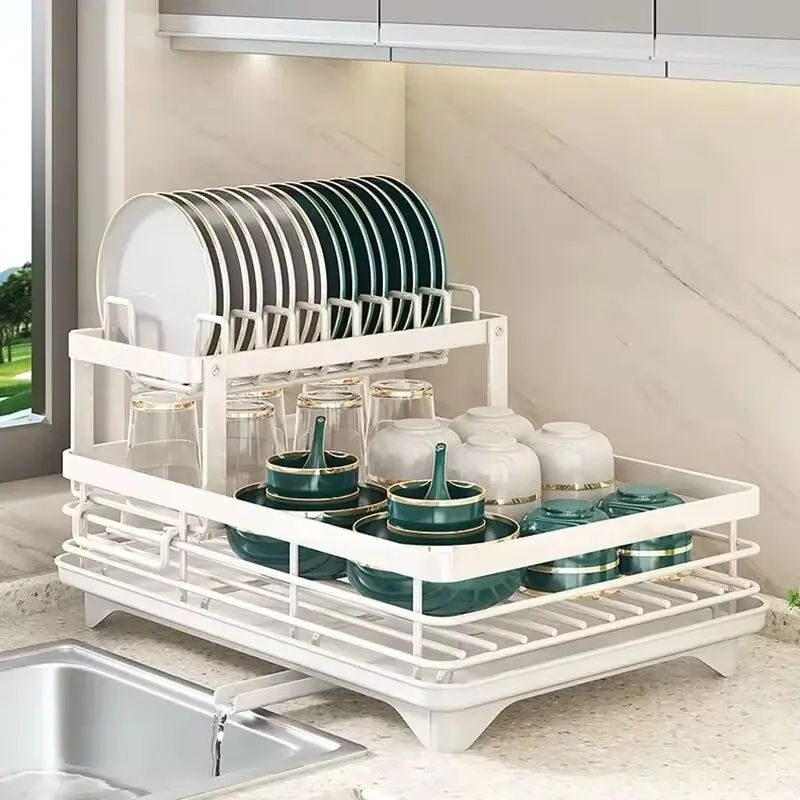Adjustable Kitchen Plate Storage Box with Drainboard, Over Sink Tableware Drying Rack Organizer