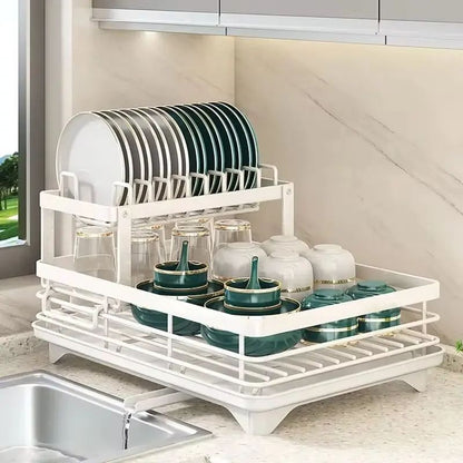 Adjustable Kitchen Plate Storage Box with Drainboard, Over Sink Tableware Drying Rack Organizer