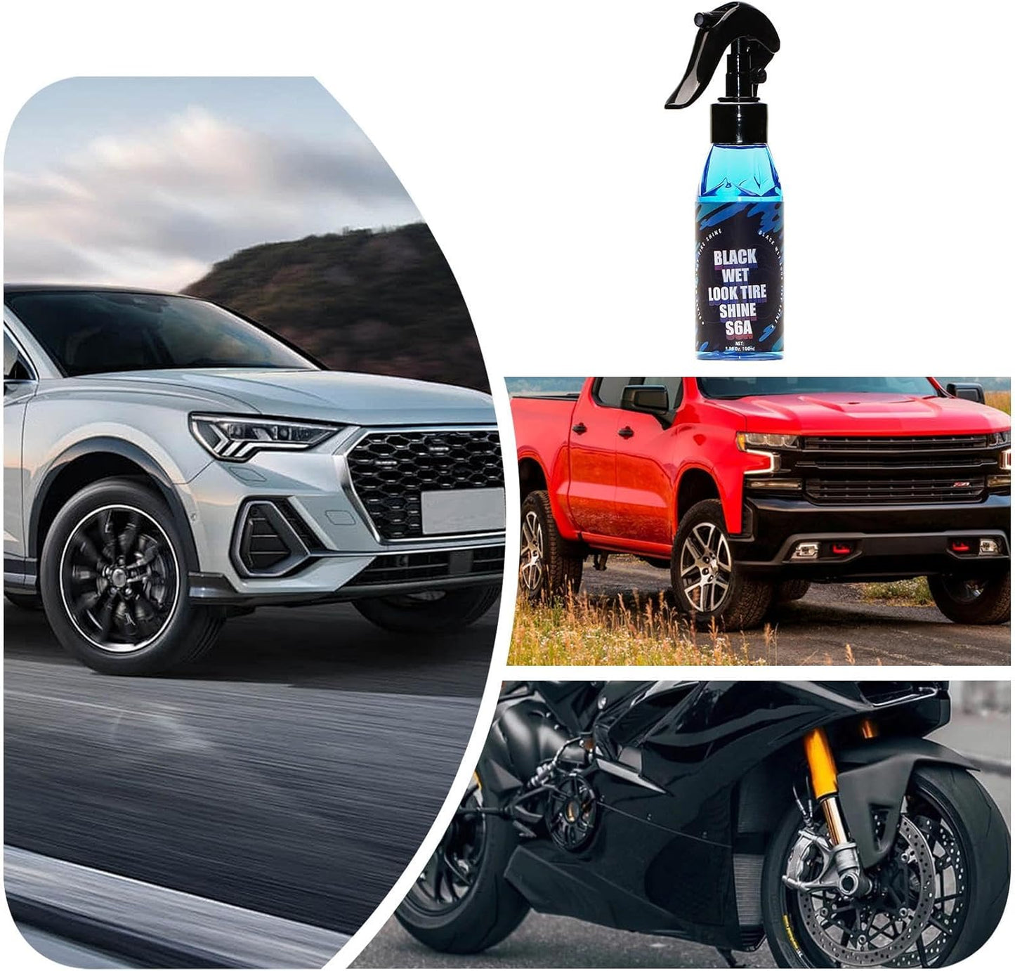 Black Wet Look Tire Shine Dressing Spray Glossy Wet Tire Look With UV Protection For Vinyl  Plastic 3