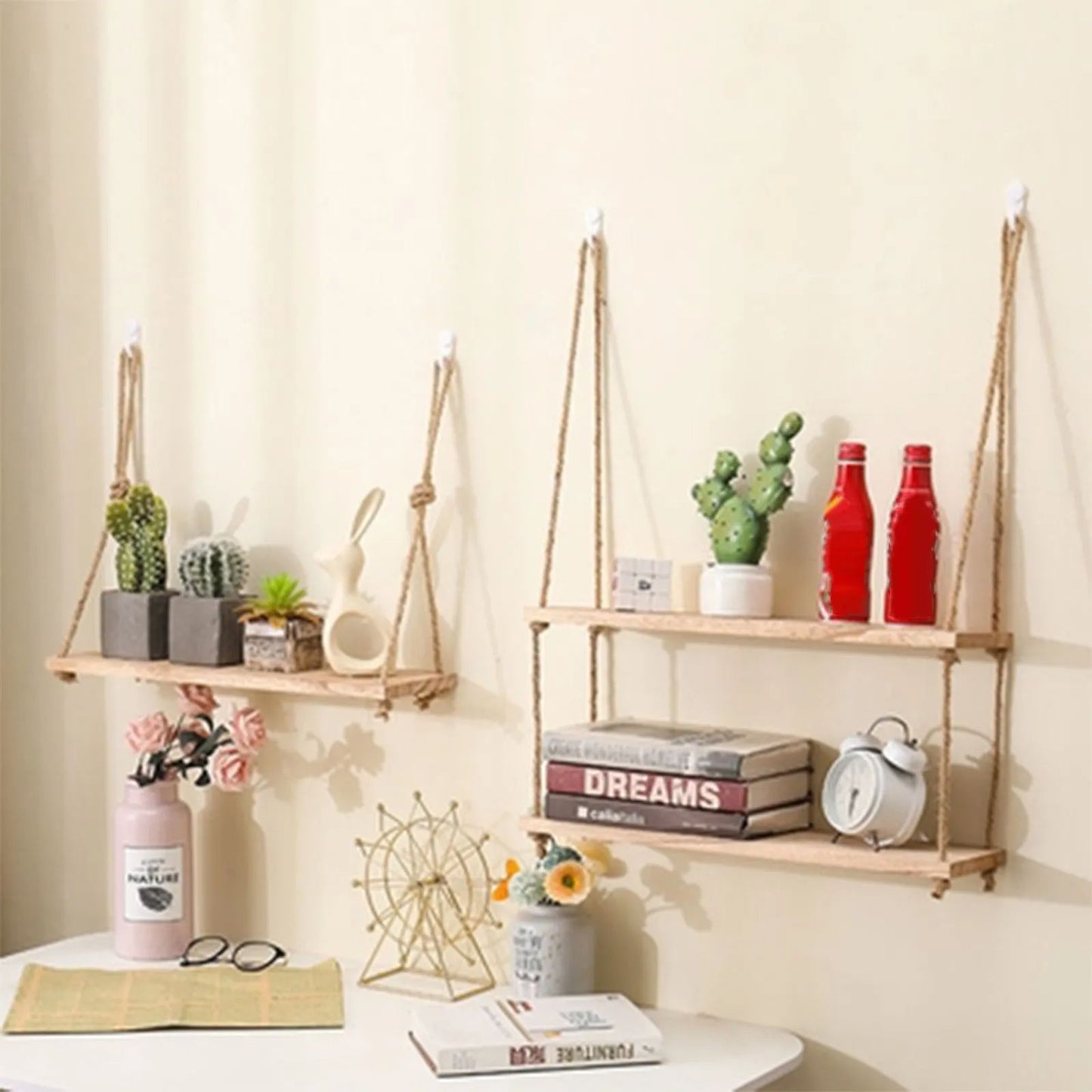 Wooden Floating Shelves for Wall, Hanging Rope Storage for Plants & Home Decor