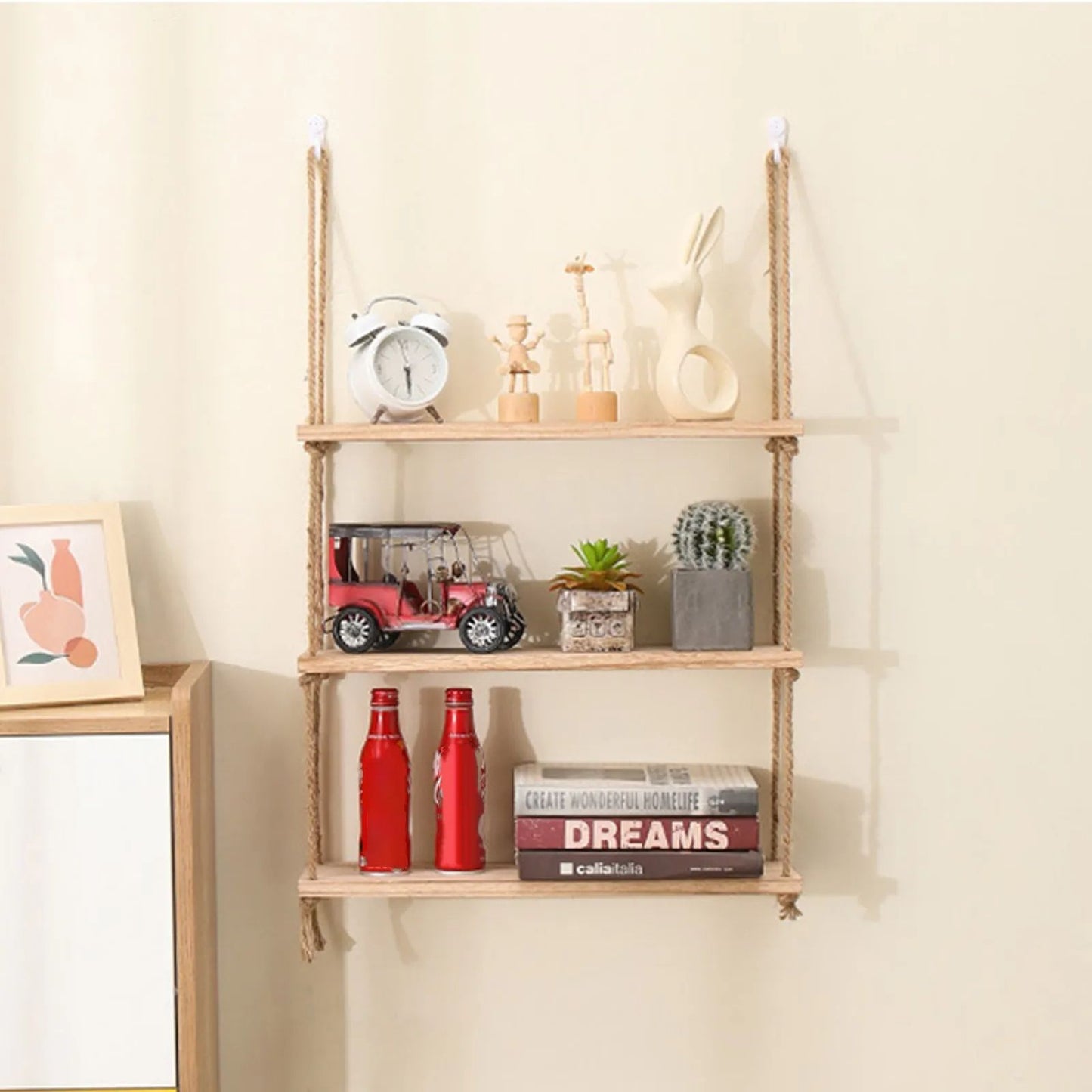 Wooden Floating Shelves For Wall Hanging Rope Storage For Plants  Home Decor 1