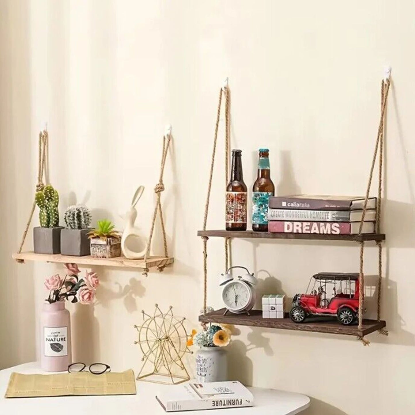 Wooden Floating Shelves For Wall Hanging Rope Storage For Plants  Home Decor 2