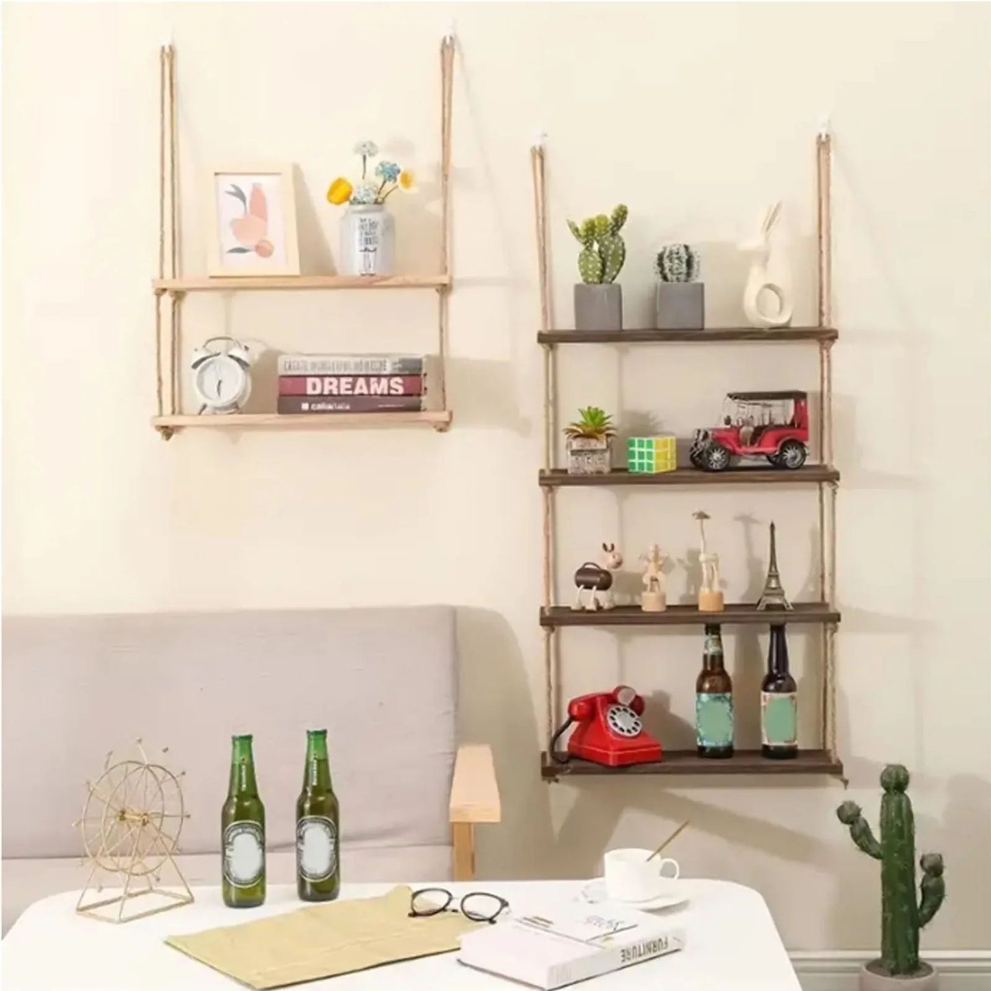 Wooden Floating Shelves For Wall Hanging Rope Storage For Plants  Home Decor 3
