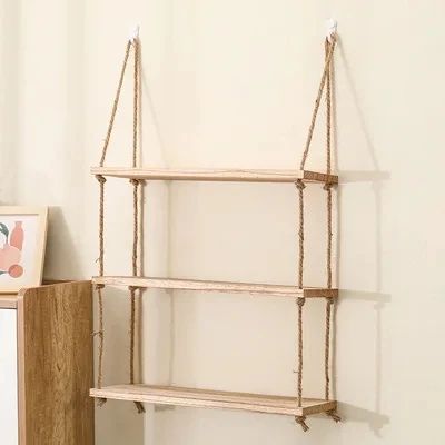 Wooden Floating Shelves For Wall Hanging Rope Storage For Plants  Home Decor 6