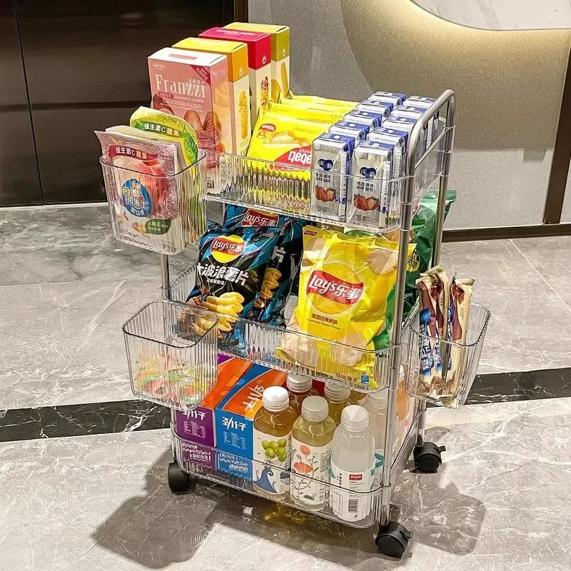 Trolley Storage Rack, Transparent Movable Organizer with Hanging Basket for Bathroom, Kitchen & Makeup