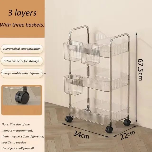 Trolley Storage Rack Transparent Movable Organizer With Hanging Basket For Bathroom Kitchen  Makeup 7