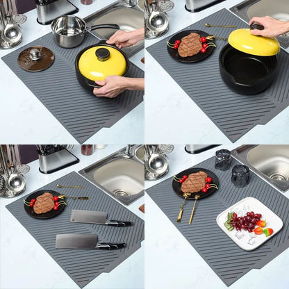 Silicone Draining Board Mat Drying Pad – Folding Heat-Resistant Kitchen Countertop Mat with Raised Edges for Pots, Cups