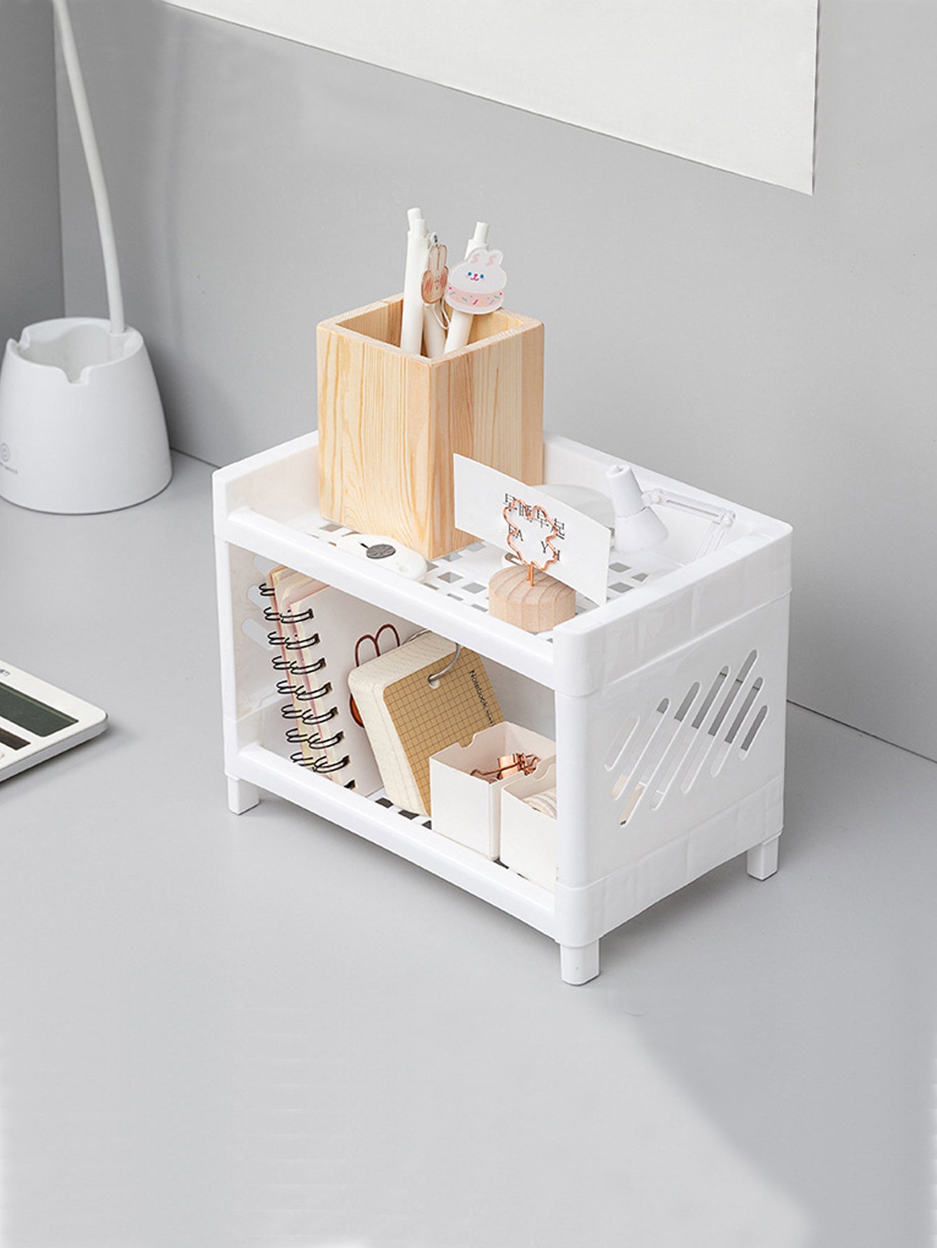 Double Layer Storage Rack Rectangular White Organizing Desk Tray For Cosmetics Stationery  Office S 2