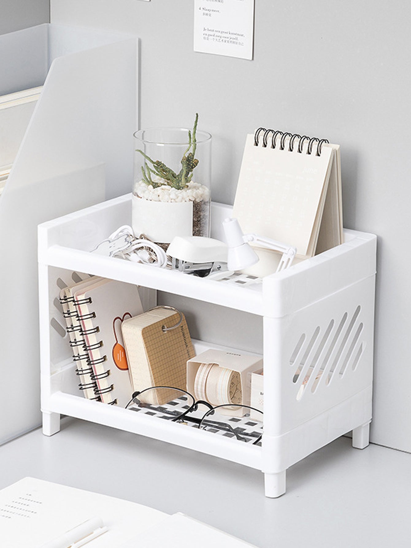 Double Layer Storage Rack Rectangular White Organizing Desk Tray For Cosmetics Stationery  Office S 6