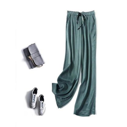 Acetic Acid Ice Silk Wide Leg Pants, New Summer Thin Satin Casual Trousers for Women, High Waisted, Straight Leg,