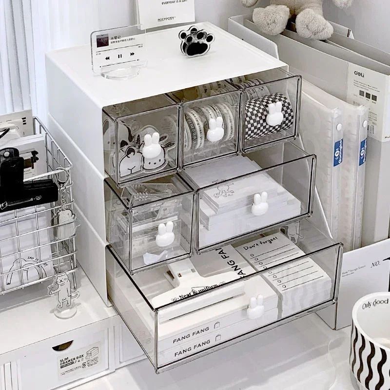 Multi-Compartment Pencil Cabinet, Desktop Student Drawer Organizer with Rabbit Handles