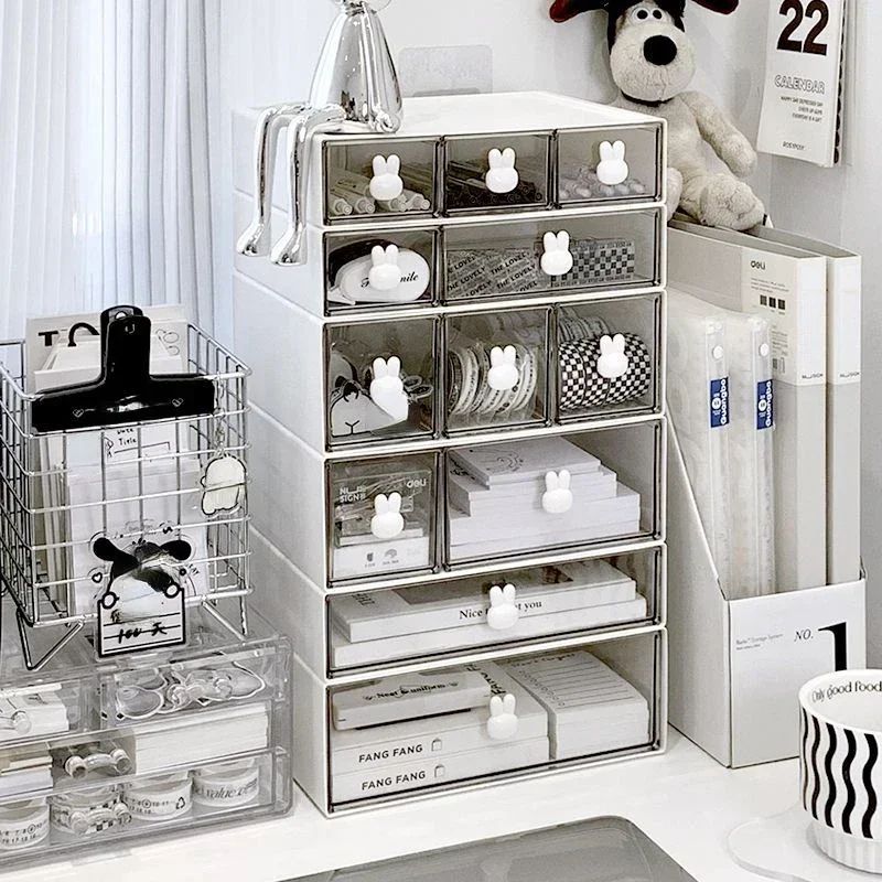 MultiCompartment Pencil Cabinet Desktop Student Drawer Organizer With Rabbit Handles 1