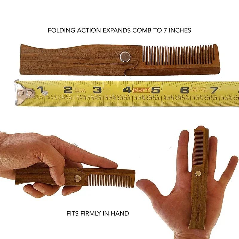 Mens Pocket Comb Folding Wooden Beard Comb With Leather Case Sandalwood Hair Combs Set For Men 2