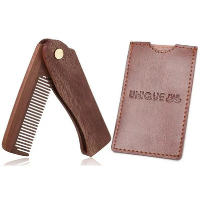 Mens Pocket Comb Folding Wooden Beard Comb With Leather Case Sandalwood Hair Combs Set For Men 3