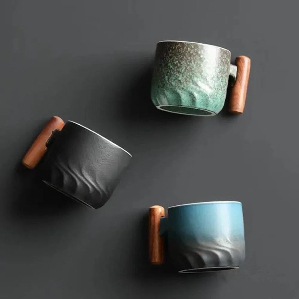 80ml Handmade Ceramic Retro Coffee Cup with Wooden Handle, Office Water Cup & Filter Tea Mug, Ideal Birthday Gift