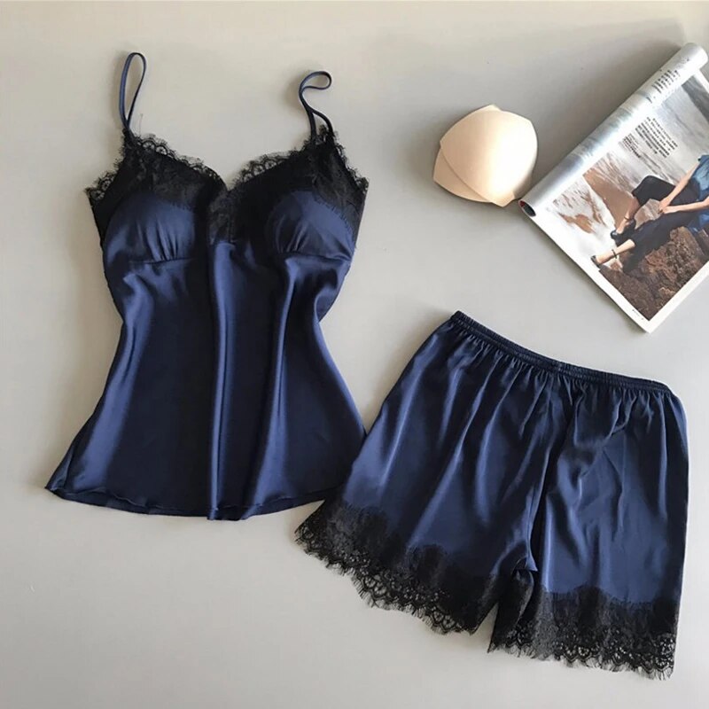 Women Pajama Suit Fashion VNeck Stretch Satin Babydoll Lace Sexy Lingerie Bowknot Pyjamas Sleep Sho 1