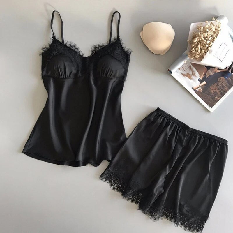 Women Pajama Suit Fashion VNeck Stretch Satin Babydoll Lace Sexy Lingerie Bowknot Pyjamas Sleep Sho 2