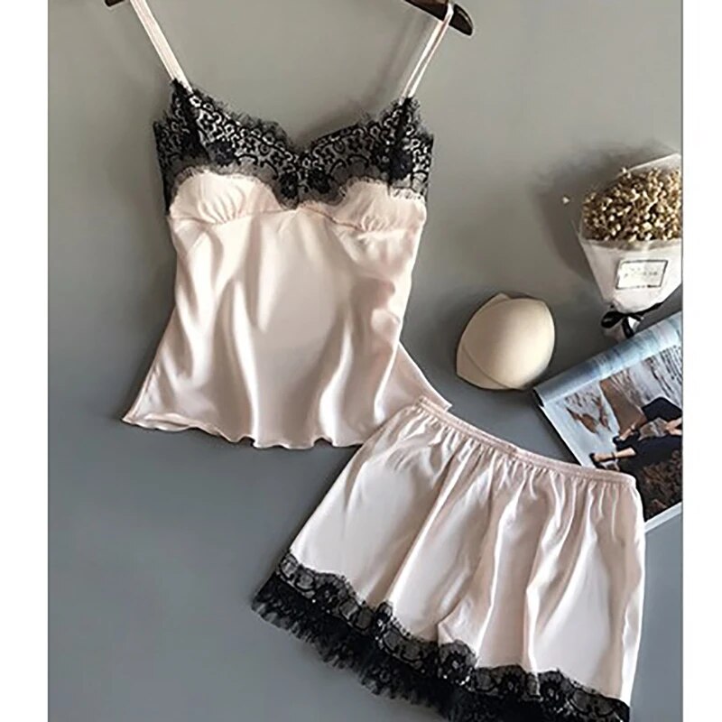Women Pajama Suit Fashion VNeck Stretch Satin Babydoll Lace Sexy Lingerie Bowknot Pyjamas Sleep Sho 5