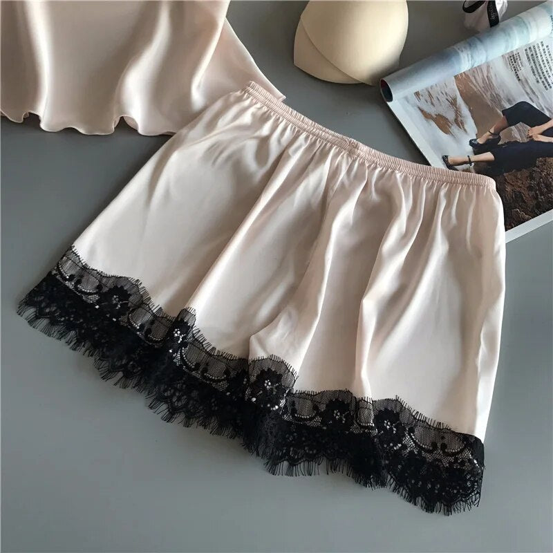 Women Pajama Suit Fashion VNeck Stretch Satin Babydoll Lace Sexy Lingerie Bowknot Pyjamas Sleep Sho 4