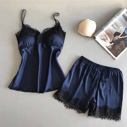 Women Pajama Suit Fashion VNeck Stretch Satin Babydoll Lace Sexy Lingerie Bowknot Pyjamas Sleep Sho 6