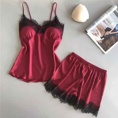 Women Pajama Suit Fashion VNeck Stretch Satin Babydoll Lace Sexy Lingerie Bowknot Pyjamas Sleep Sho 7