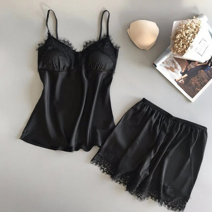 Women Pajama Suit Fashion VNeck Stretch Satin Babydoll Lace Sexy Lingerie Bowknot Pyjamas Sleep Sho 8