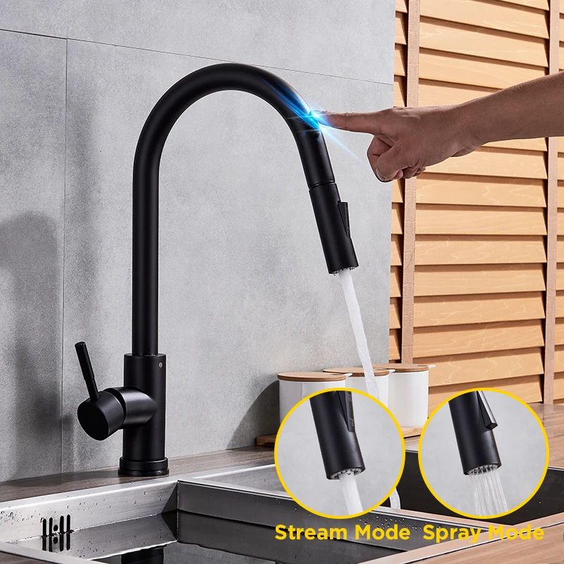 Touch Sensor Black Kitchen Mixer Tap, Pull-Out Sprayer Faucet with Sensitive Touch Control