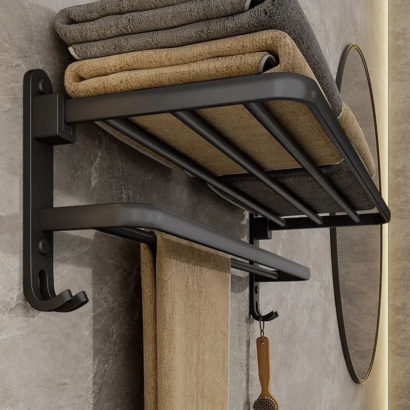 Matte Black Towel Holder with Hook, Wall-Mounted Aluminum Rack
