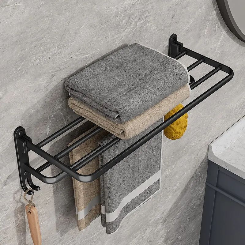 Matte Black Towel Holder With Hook WallMounted Aluminum Rack 2