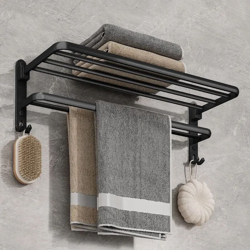 Matte Black Towel Holder With Hook WallMounted Aluminum Rack 5