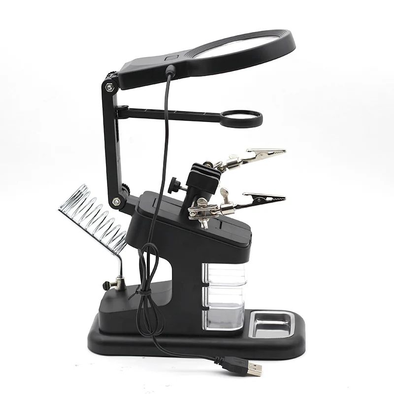 LED Magnifying Glass for Soldering, Loupe with Auxiliary Clip & Iron Stand Holder Station for Efficient Welding