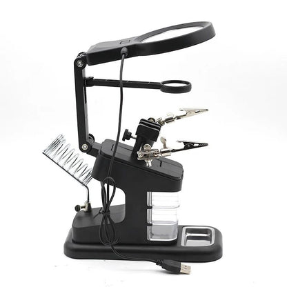 LED Magnifying Glass for Soldering, Loupe with Auxiliary Clip & Iron Stand Holder Station for Efficient Welding