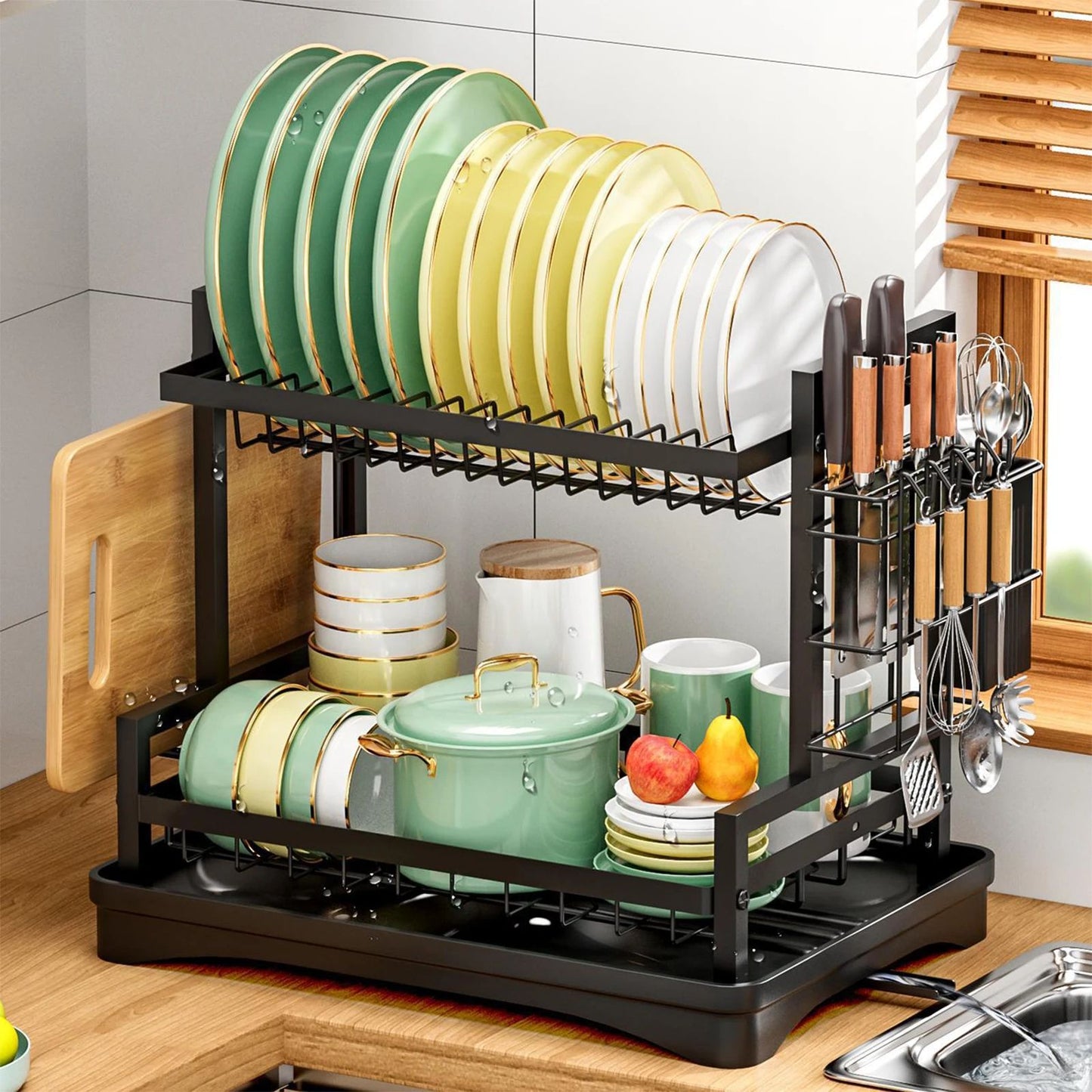 Rustproof Dish Drainer Rack, Utensils Holder & Drip Tray, Large Capacity Kitchen Drying Rack