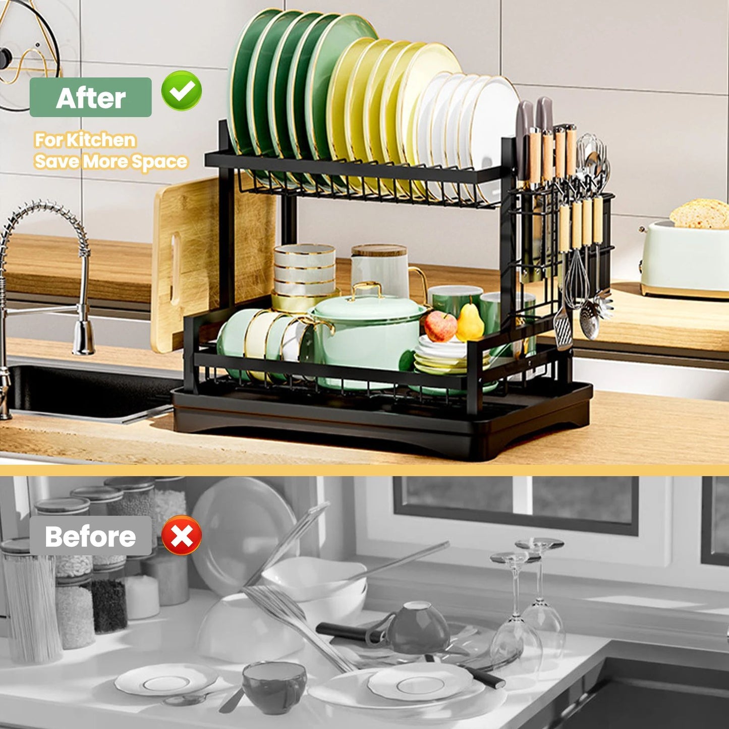 Rustproof Dish Drainer Rack Utensils Holder  Drip Tray Large Capacity Kitchen Drying Rack 2