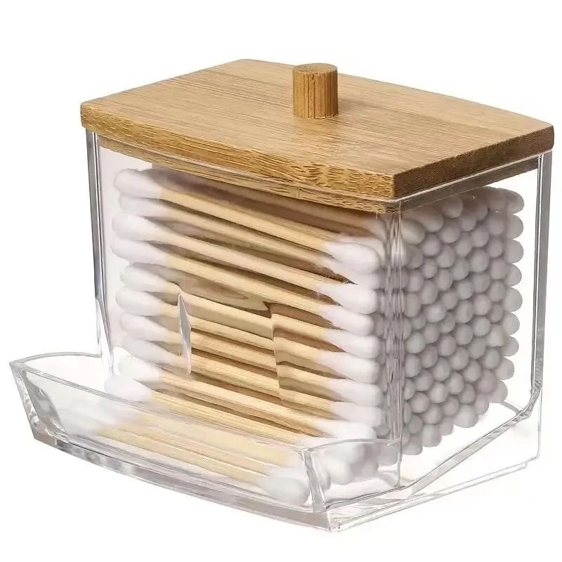 Transparent Square Cotton Swab Storage Box with Bamboo Lid, Double Head Cotton Buds & Toothpick Organizer
